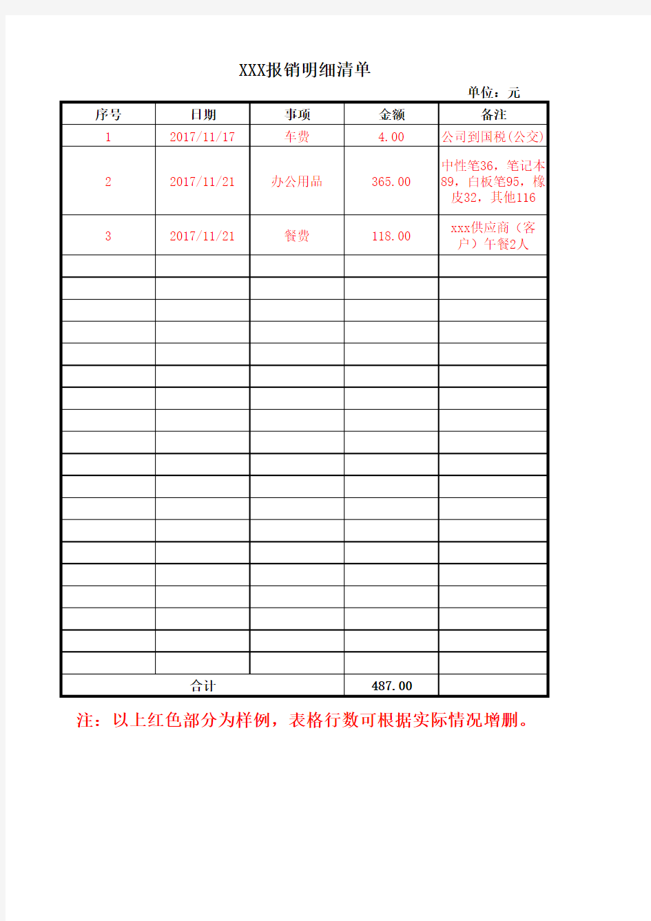 报销明细清单(行政备用金为例)