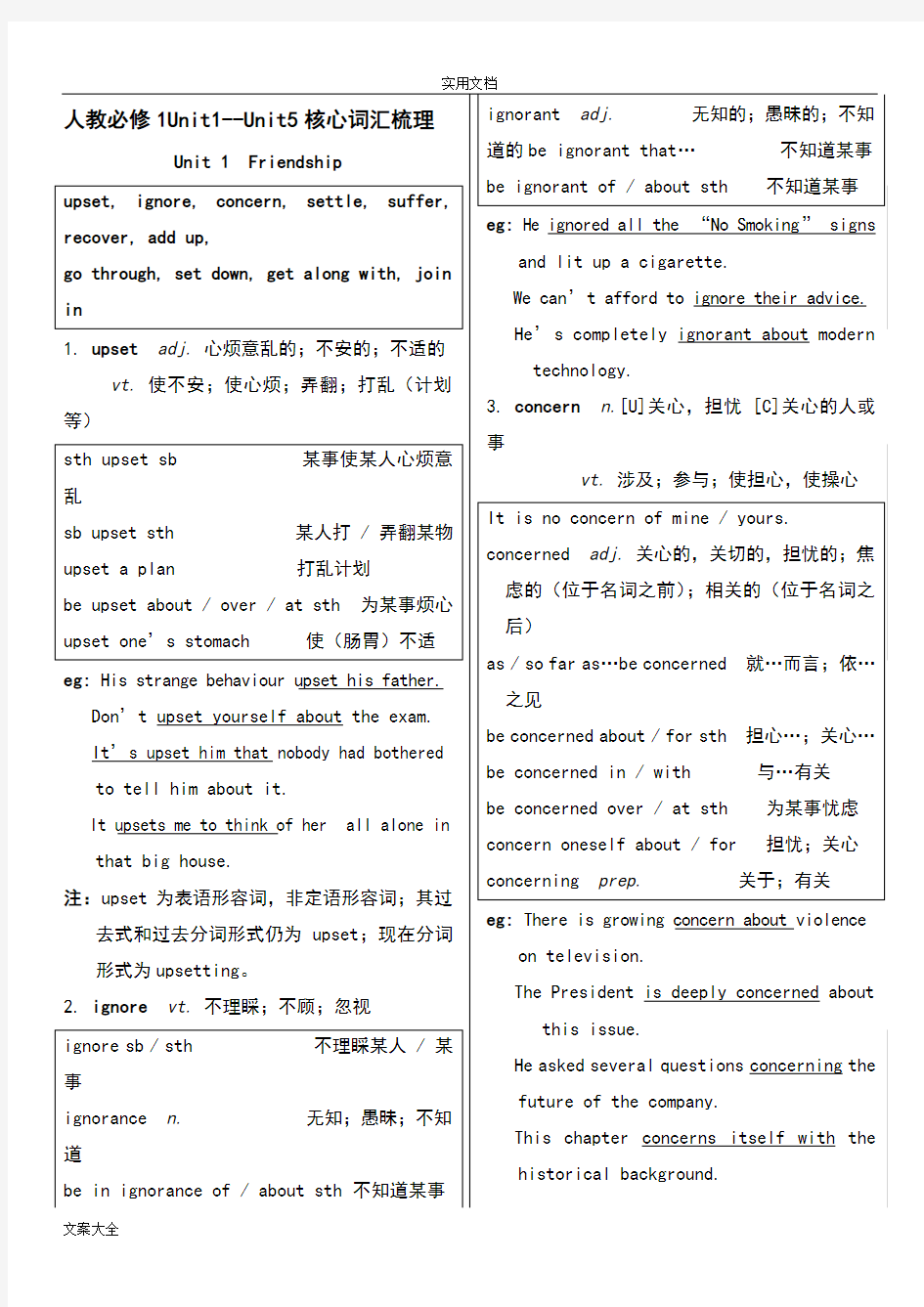 (完整word版)人教版高中英语必修1核心词汇讲解及训练