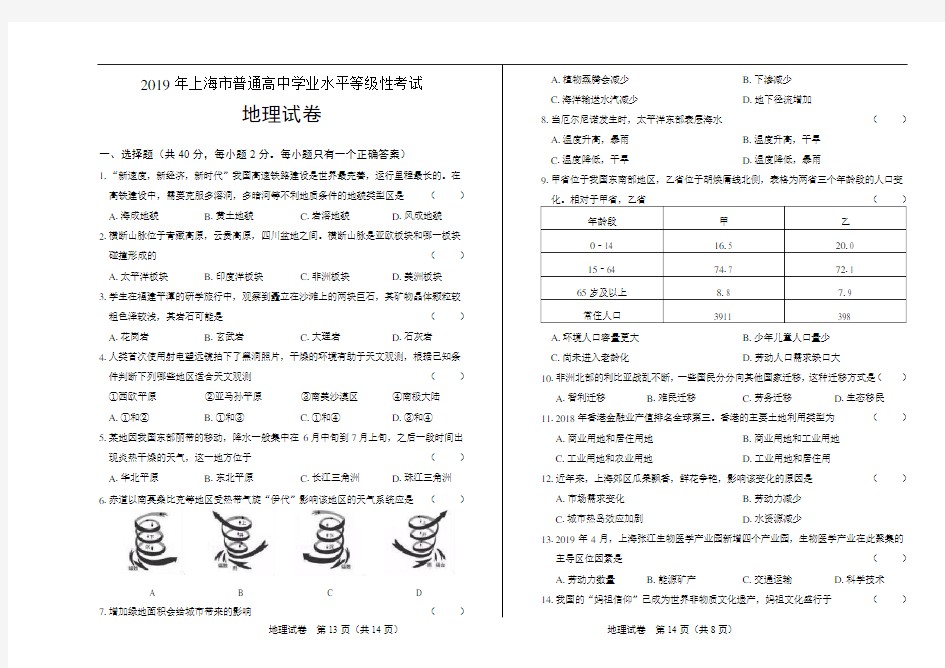 2019年上海市普通高中学业水平等级性考试地理卷及答案解析