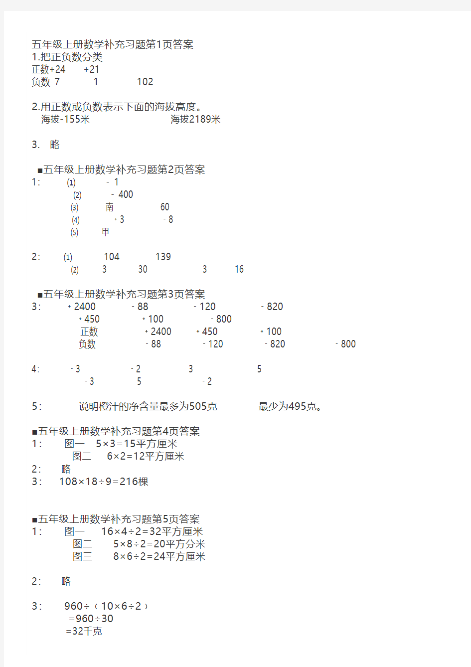 苏教版五年级上册数学补充习题答案