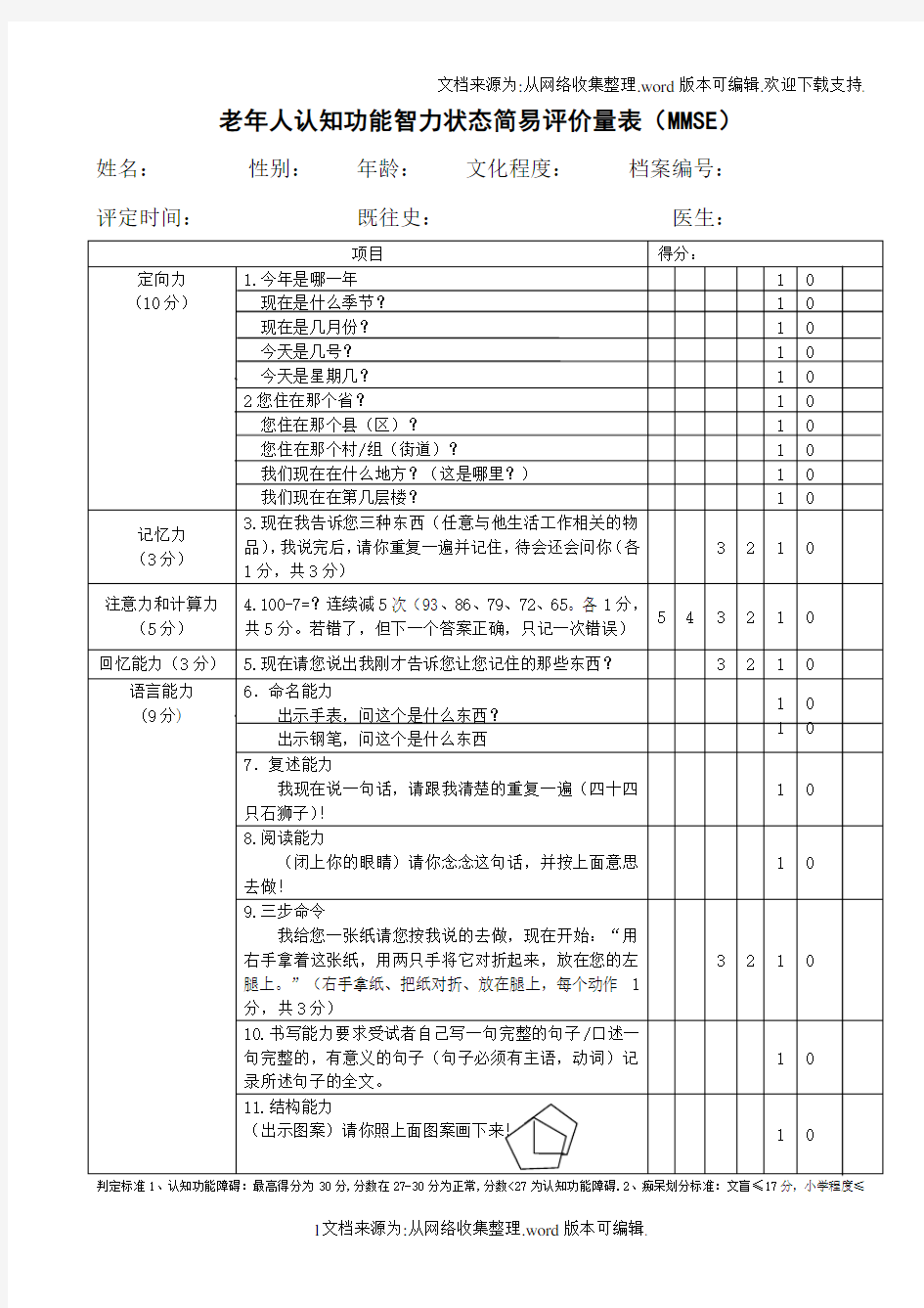 老年人认知功能智力状态简易评价量表MMSE