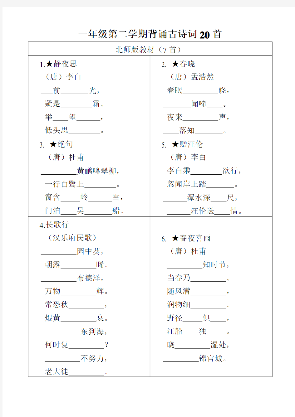 一年级第二学期背诵古诗词20首默写填空