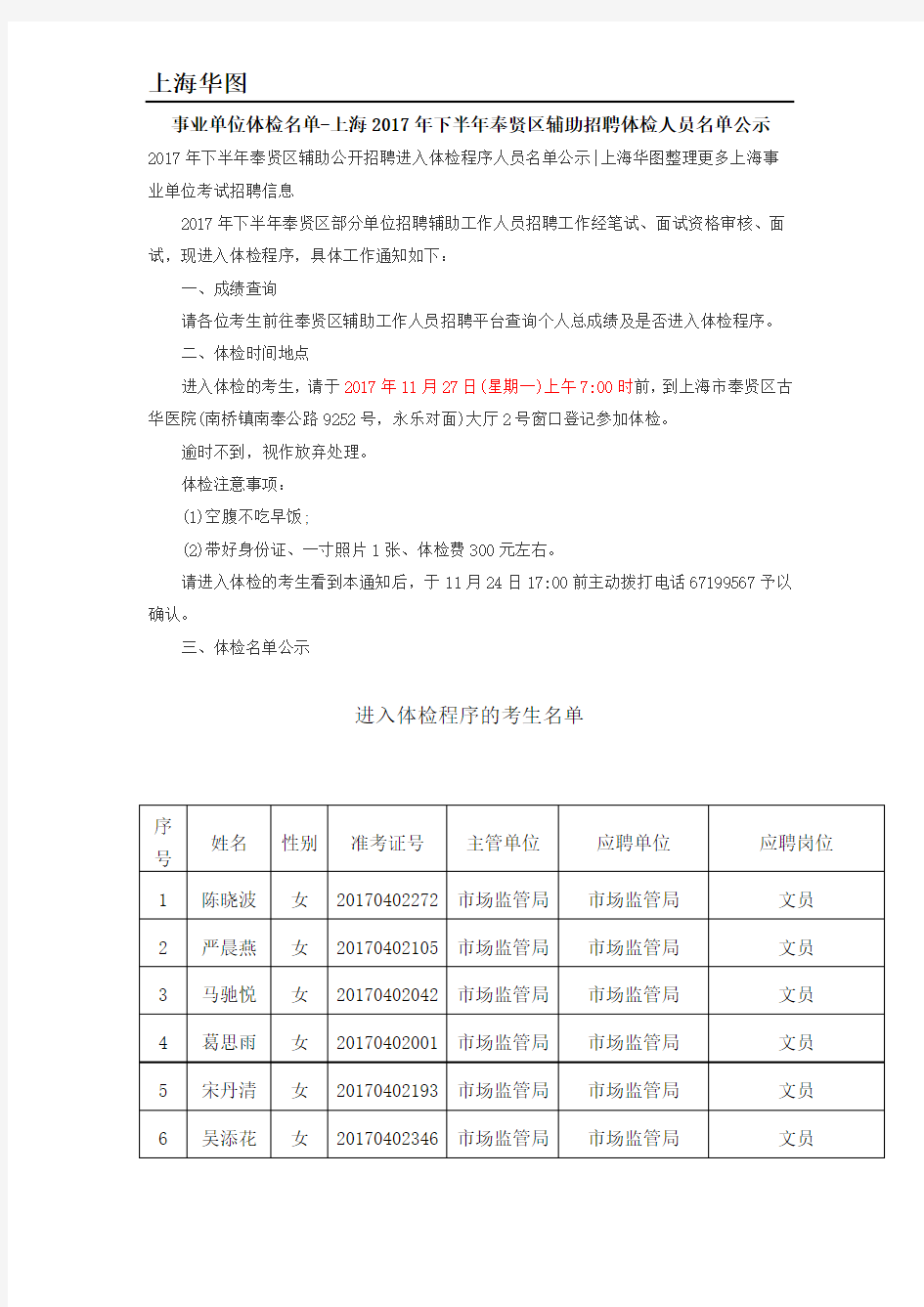 事业单位体检名单-上海2017年下半年奉贤区辅助招聘体检人员名单公示