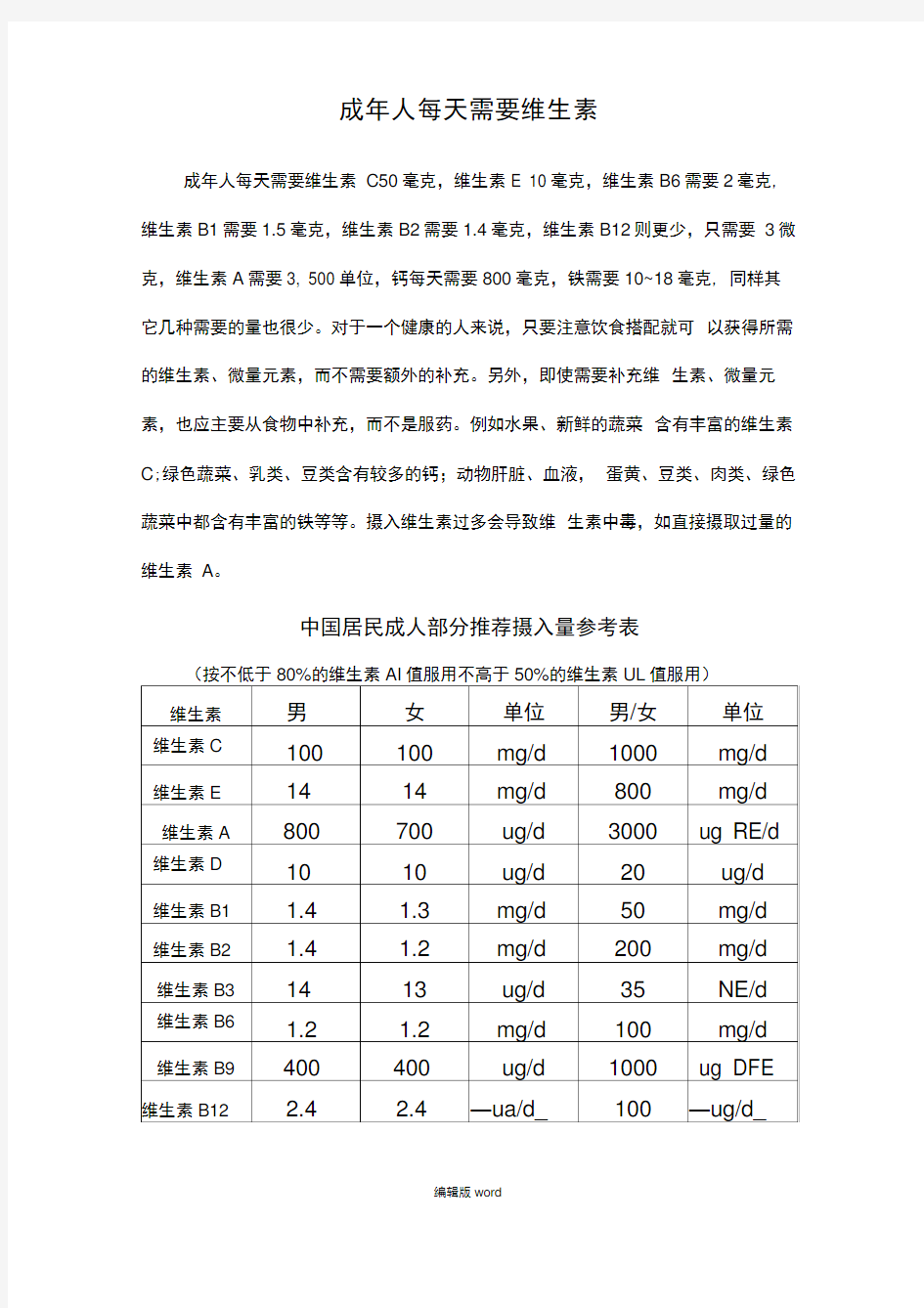 成年人每天需要维生素