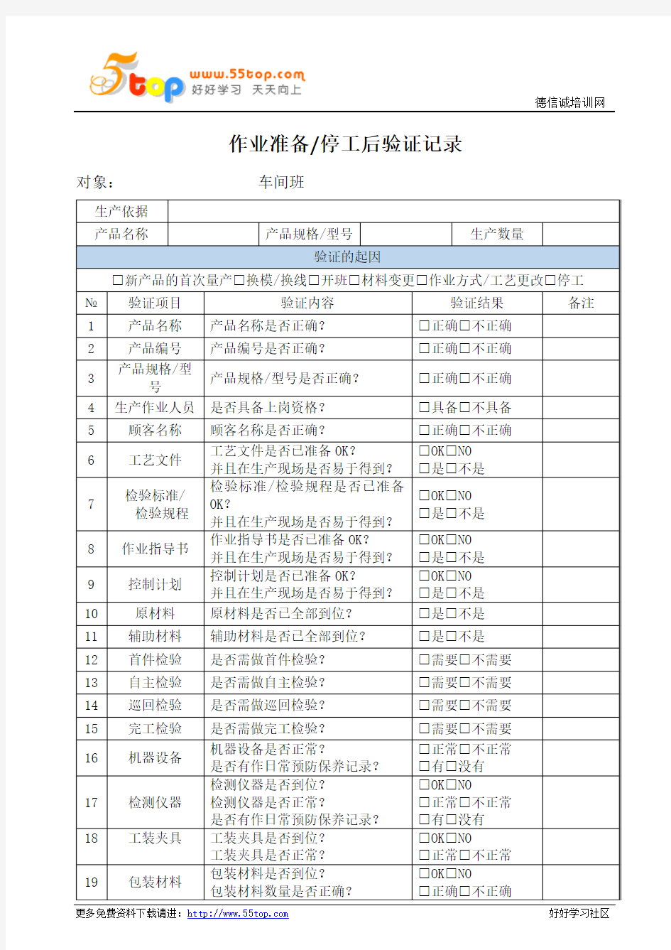 作业准备停工后验证记录表