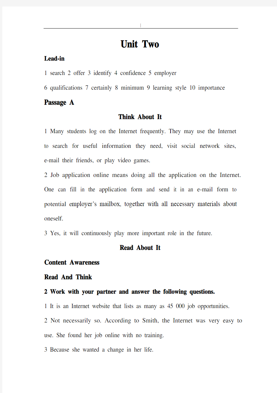 大学体验英语综合教学课件第三版2详细答案~Uint2