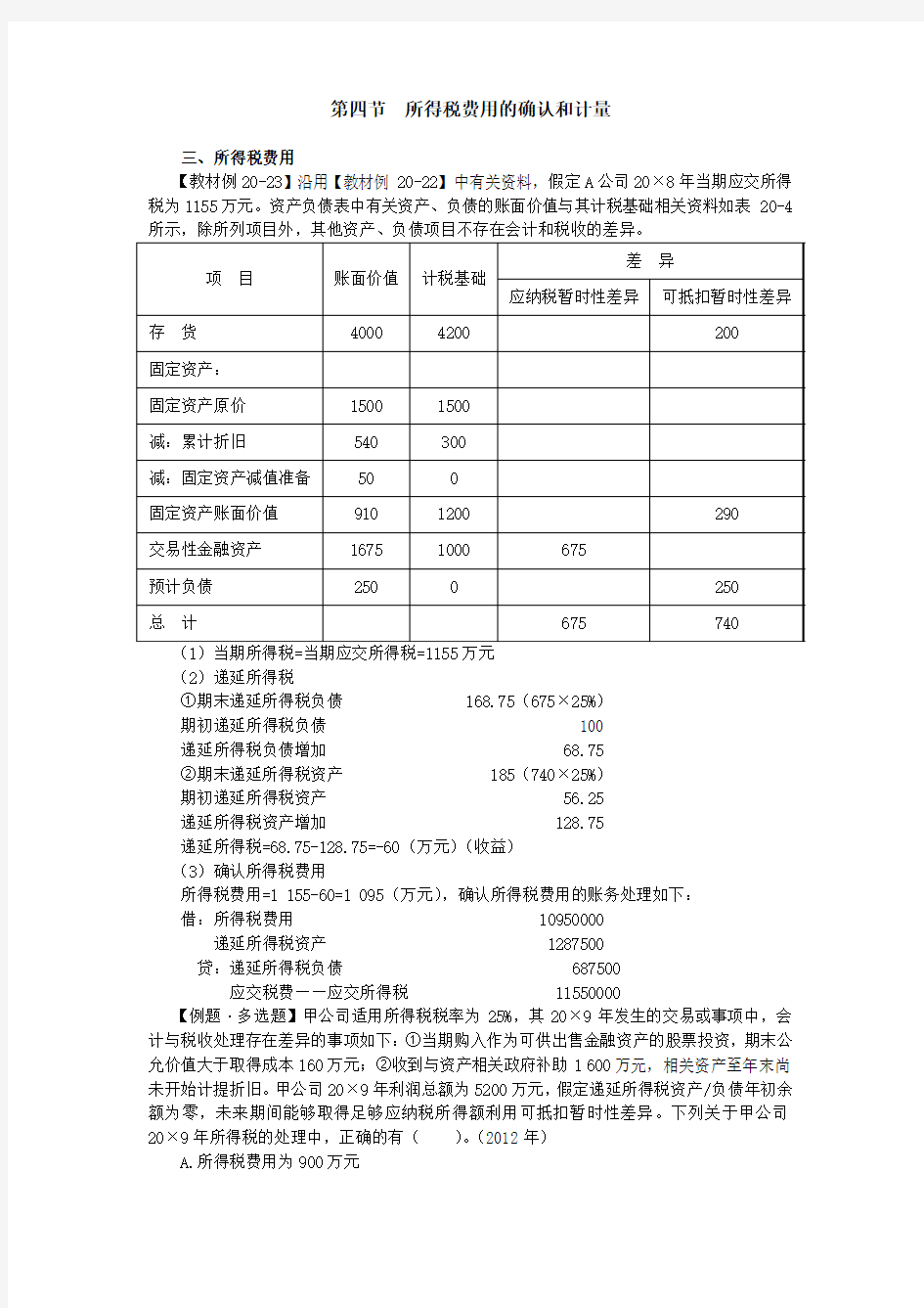 所得税费用的确认和计量