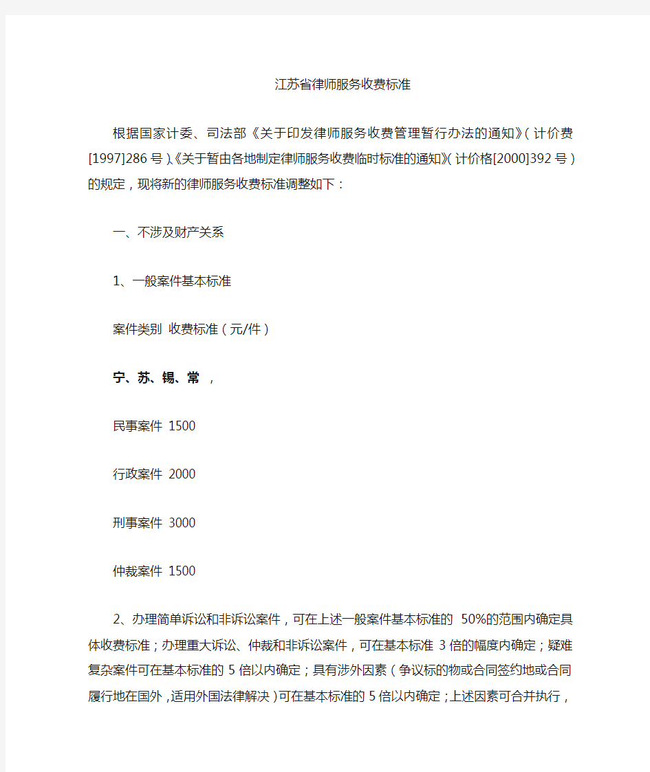 江苏省律师费收费标准