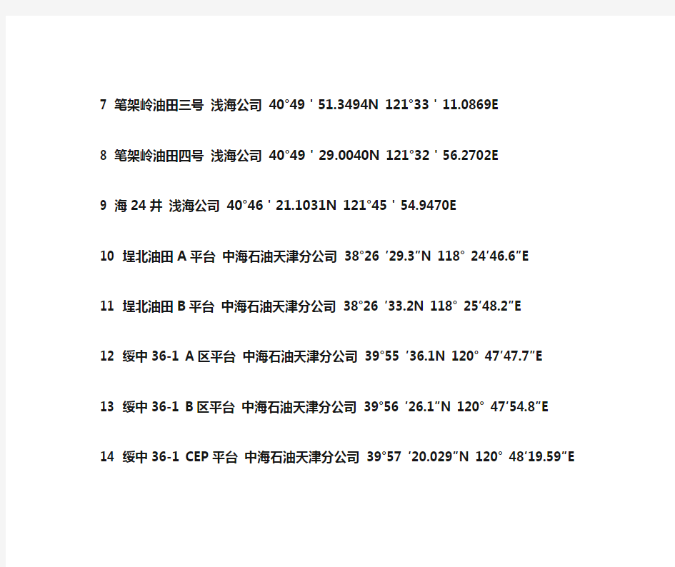 中国沿海海上石油设施位置总表