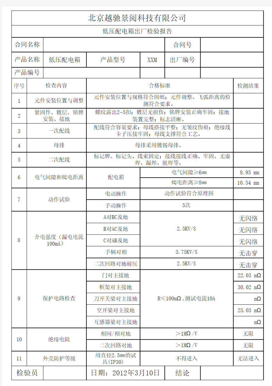 低压配电箱检验报告