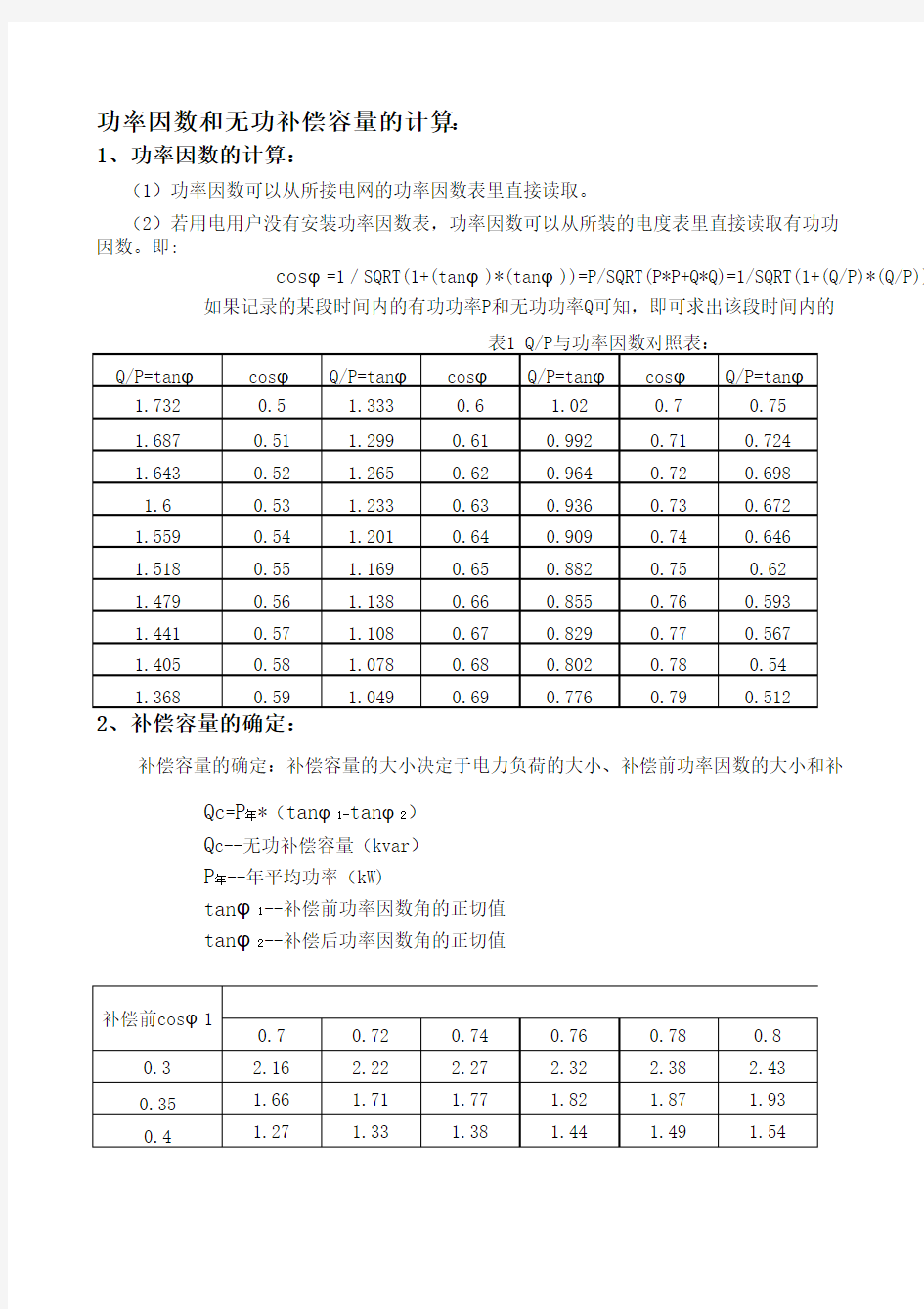 无功补偿计算及补偿容量计算