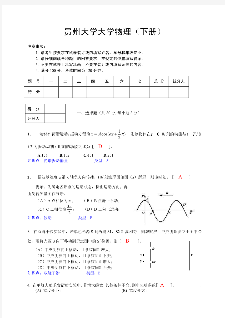 贵州大学大学物理(下册)试卷A及答案
