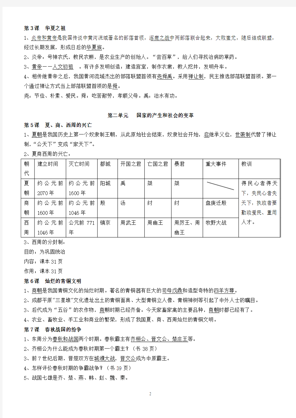 鲁教版中国历史复习提纲(六年级上册)