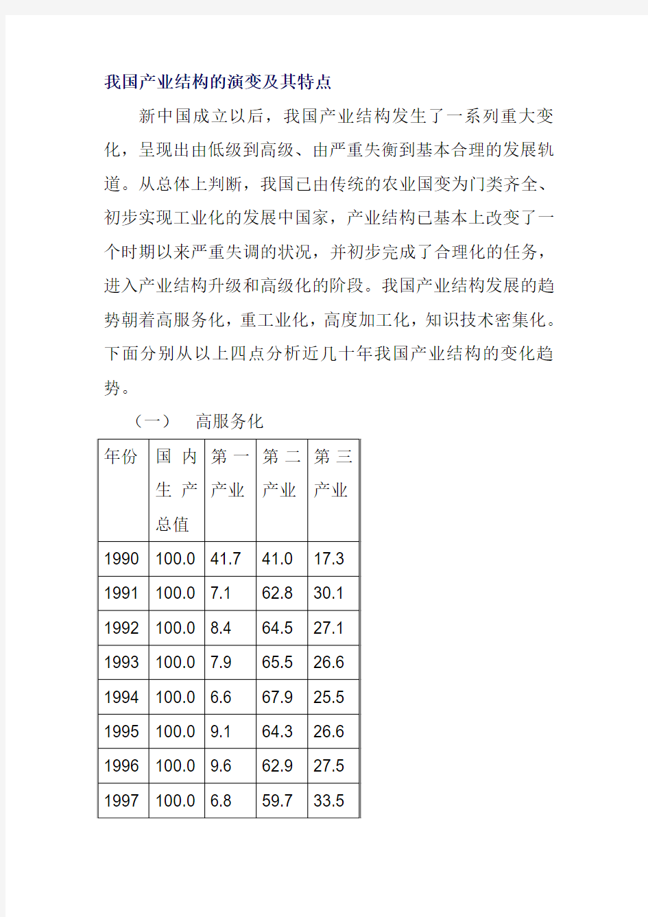 我国产业结构的演变及其特点