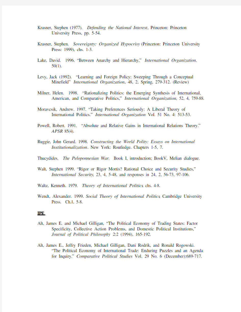 Yale University Department of Political Science InternationalRelations Reading List (2003)