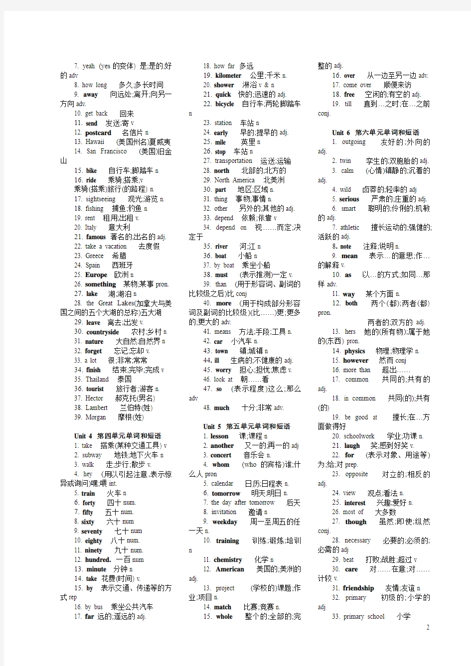 人教版初中八年级年级英语单词表