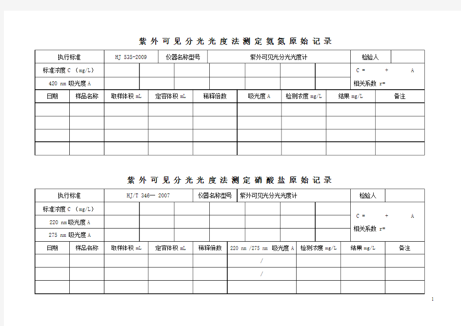 污水处理厂化验室原始记录表格