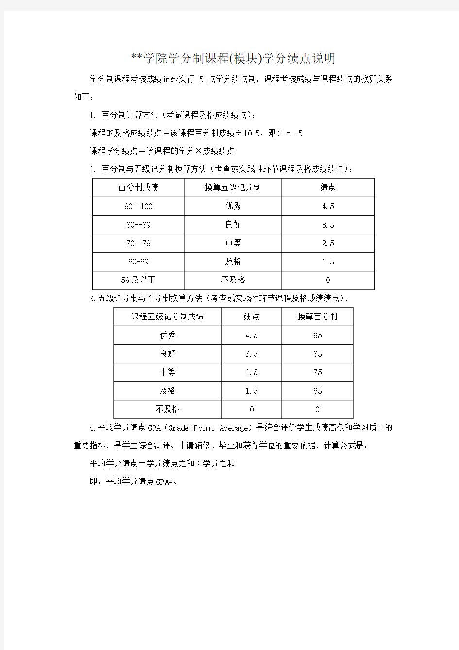 合肥学院学分制课程(模块)学分绩点说明【模板】