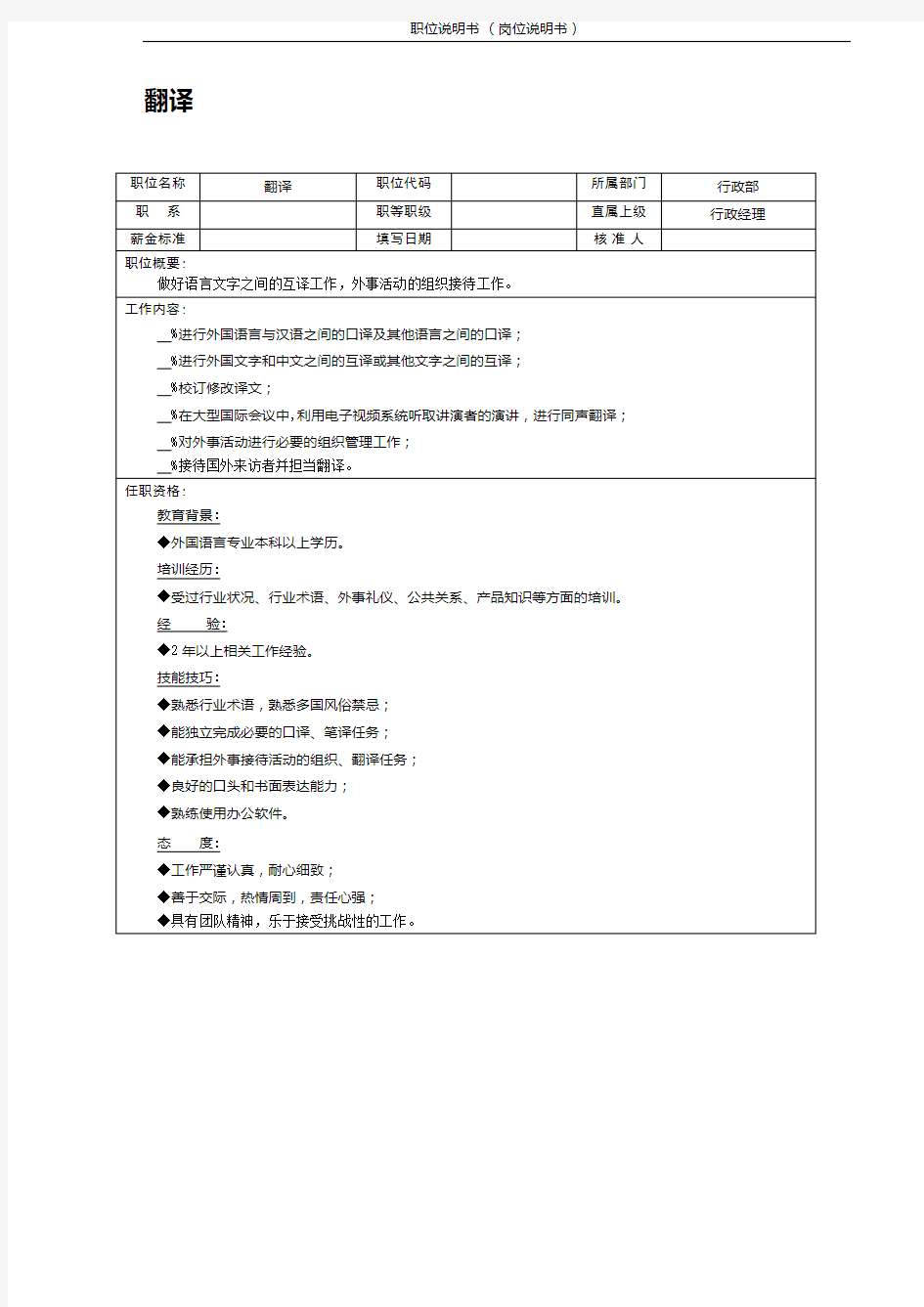 (翻译)职位说明书 岗位说明书 岗位职责