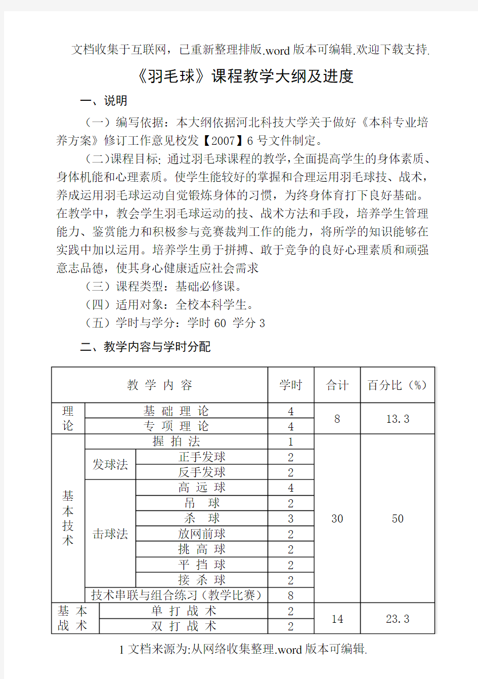 羽毛球课程教学大纲及进度