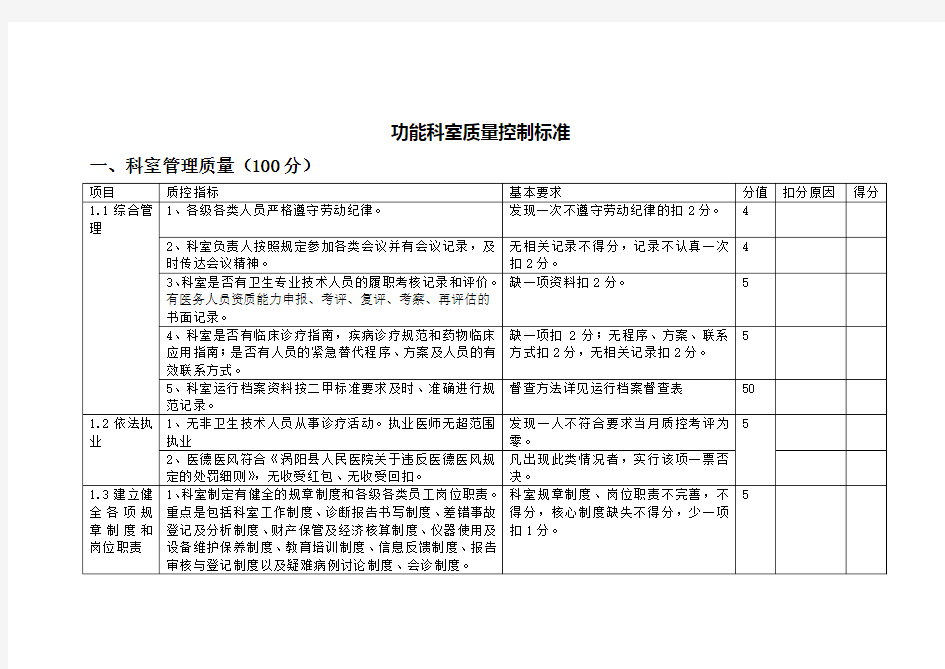 功能科室质量控制标准