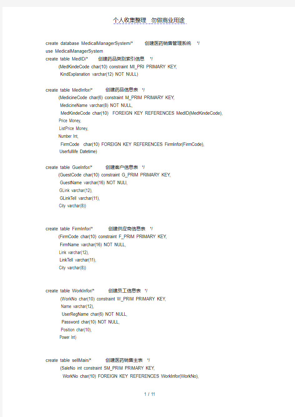 医药销售管理系统SQL语句