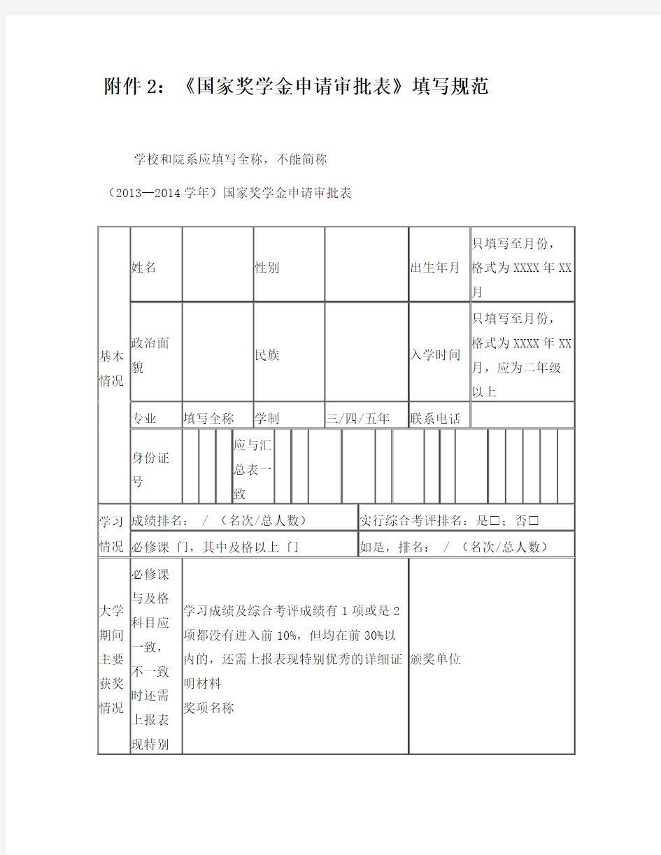 《国家奖学金申请审批表》填写规范