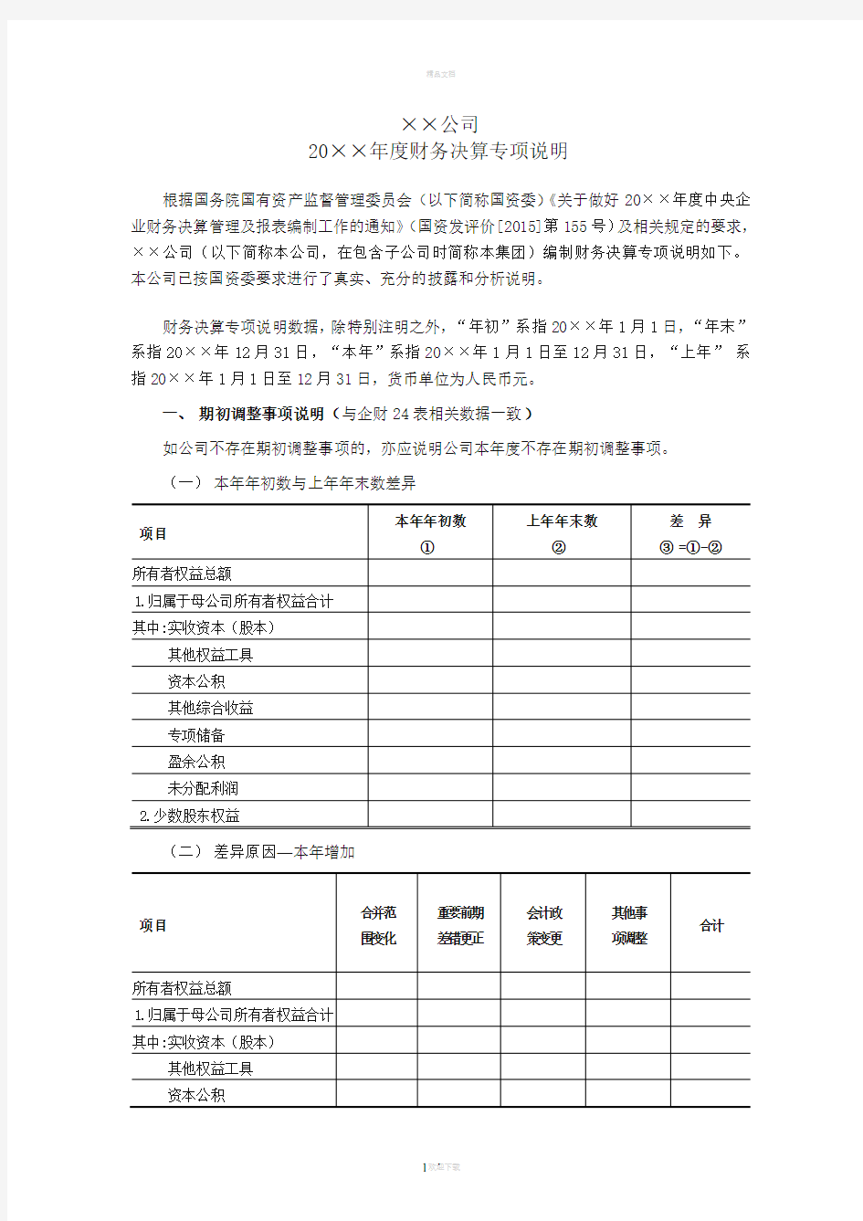 中央国企财务决算专项说明模板