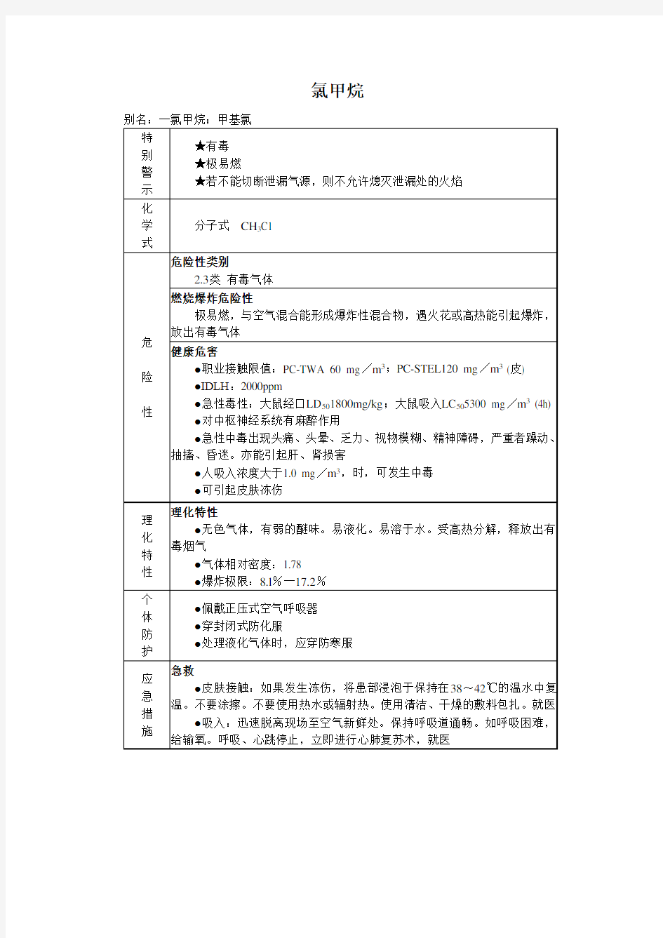 氯甲烷MSDS化学品安全技术说明书