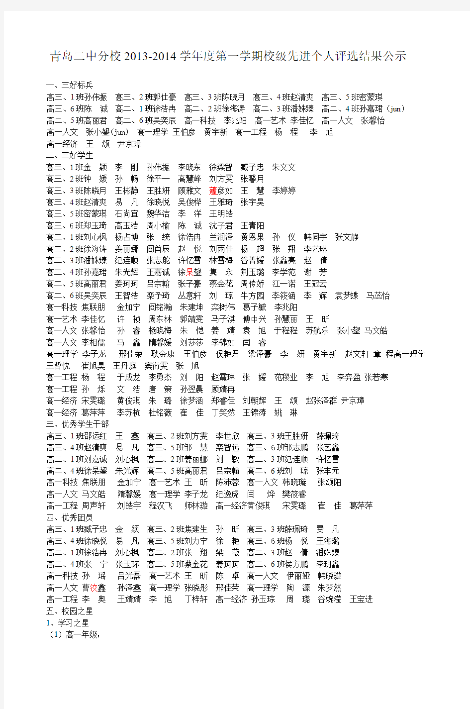 青岛二中分校20132014学年度第一学期校级先