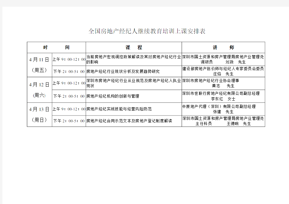 全国房地产经纪人继续教育培训上课安排表