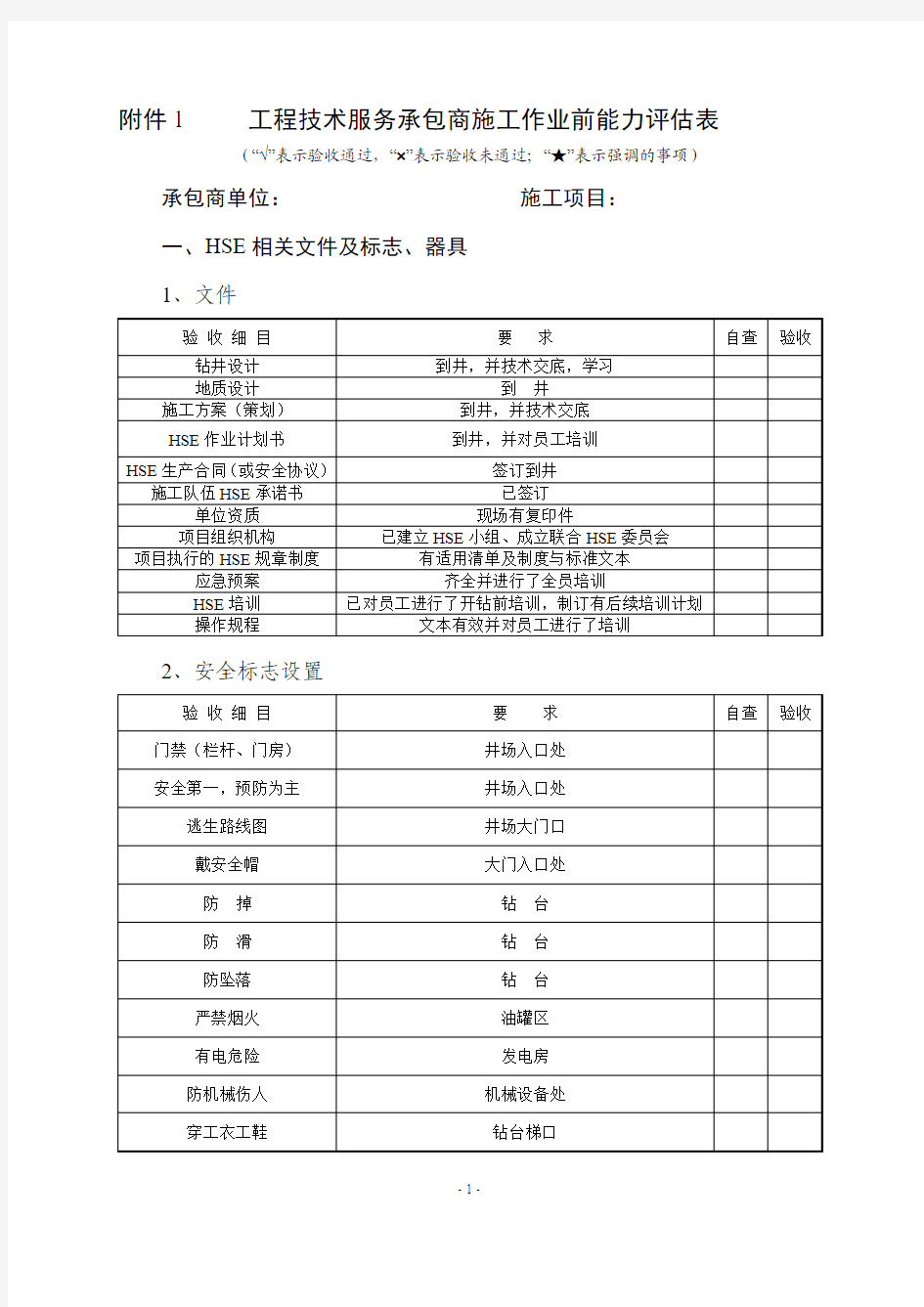 工程技术服务承包商施工作业前能力评估表