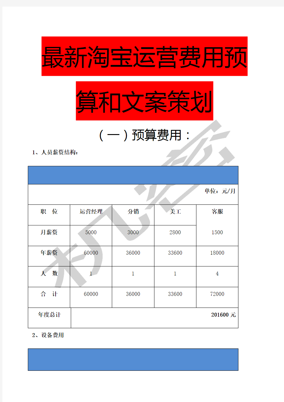 天猫和淘宝运营费用预算和文案策划