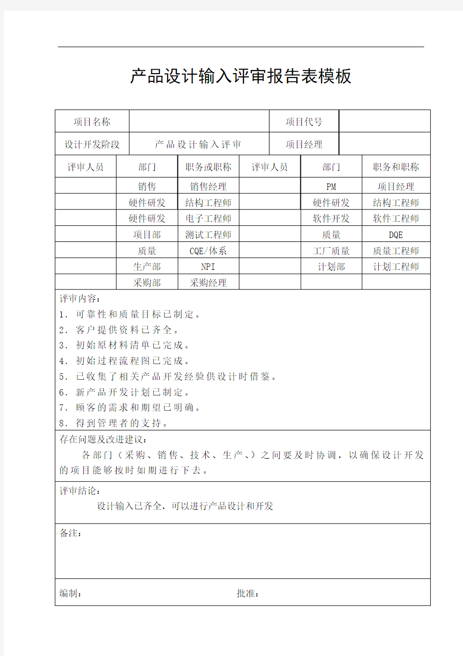 产品设计输入评审报告表模板