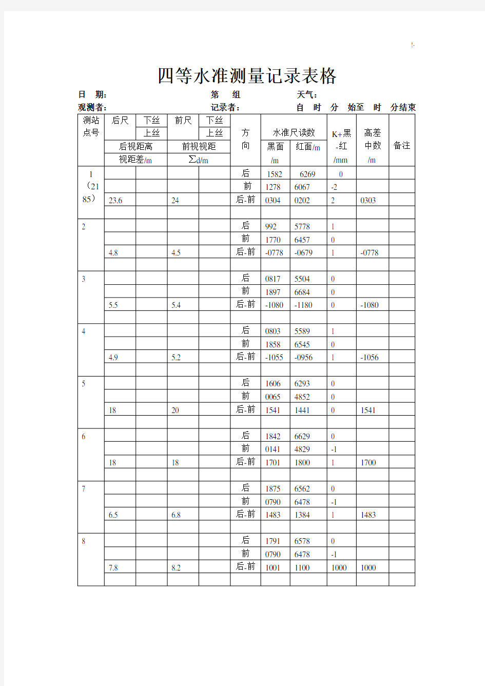 四等水准测量文本记录表格