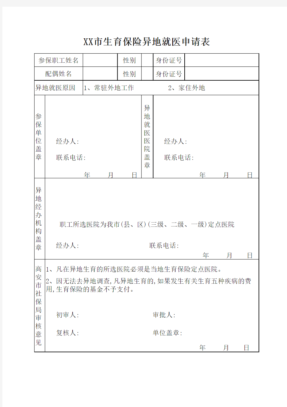 生育异地就医申请表