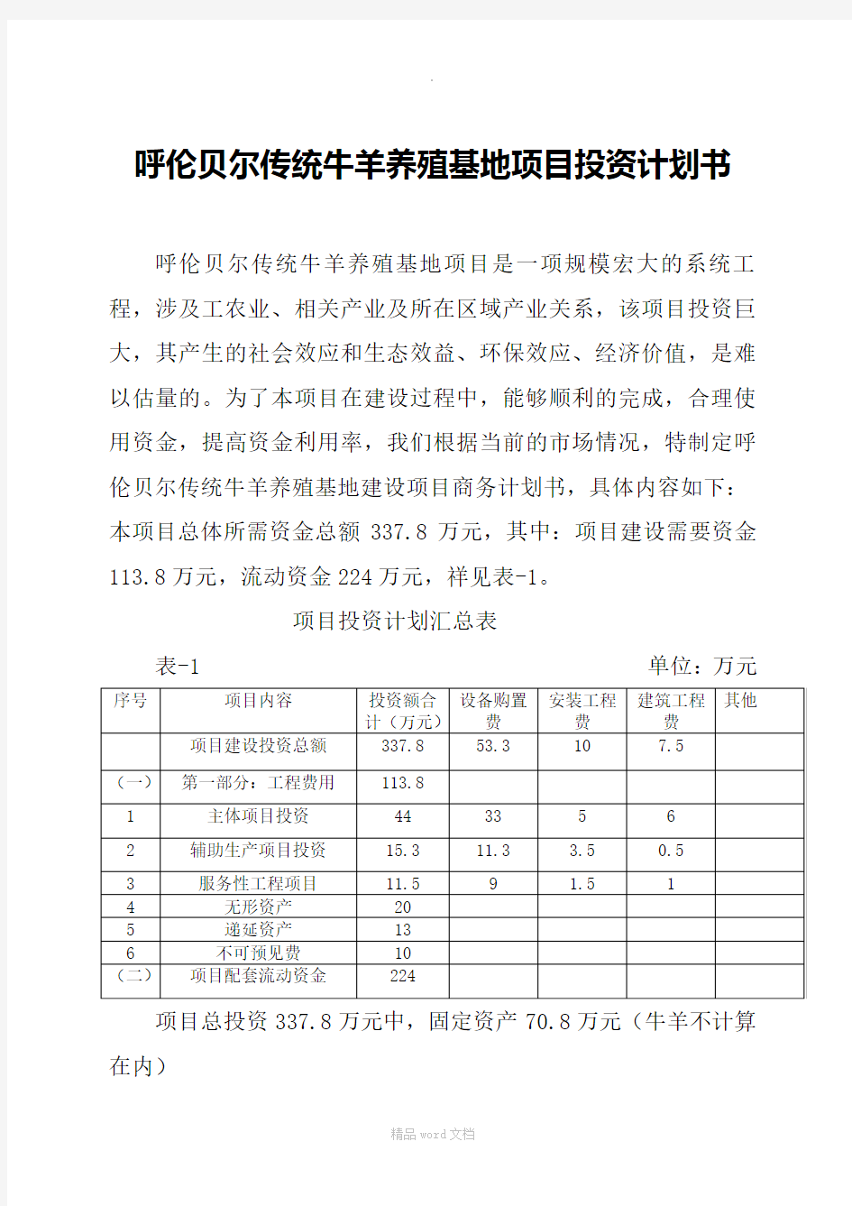 草原传统养殖项目投资计划书