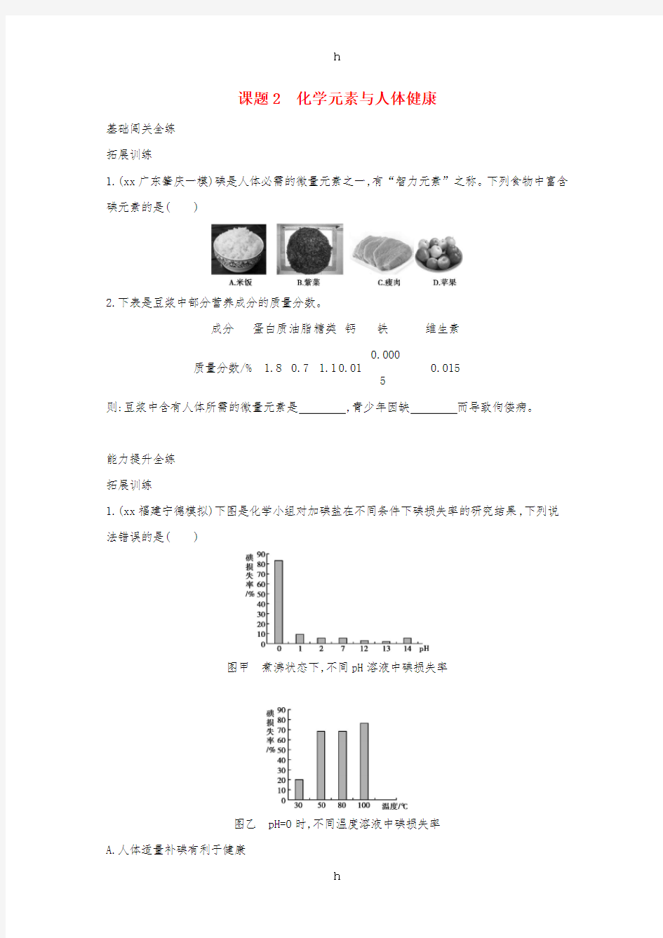 2019春九年级化学下册 第十二单元 化学与生活 课题2 化学元素与人体健康习题练 (新版)新人教版