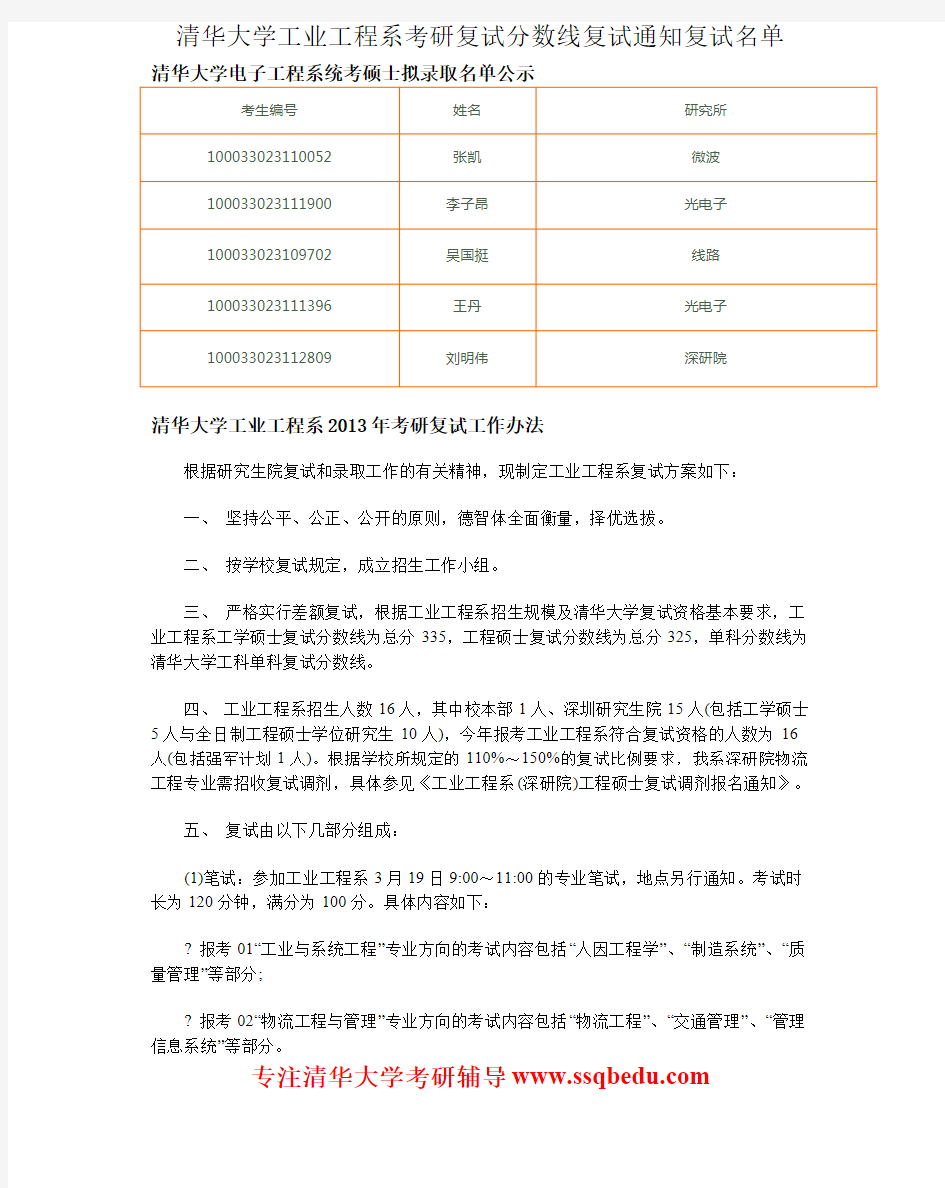 清华大学工业工程系考研复试分数线复试通知复试名单