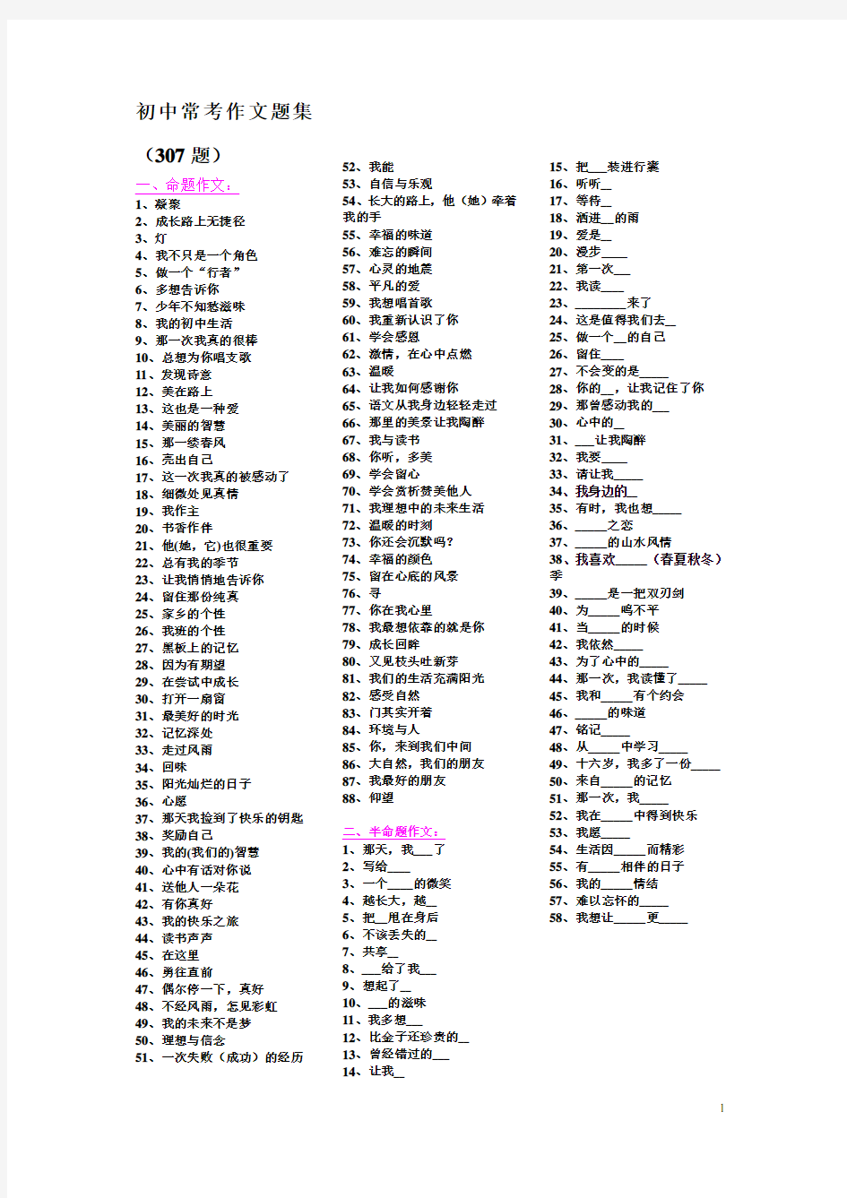 初中常考307道作文题集