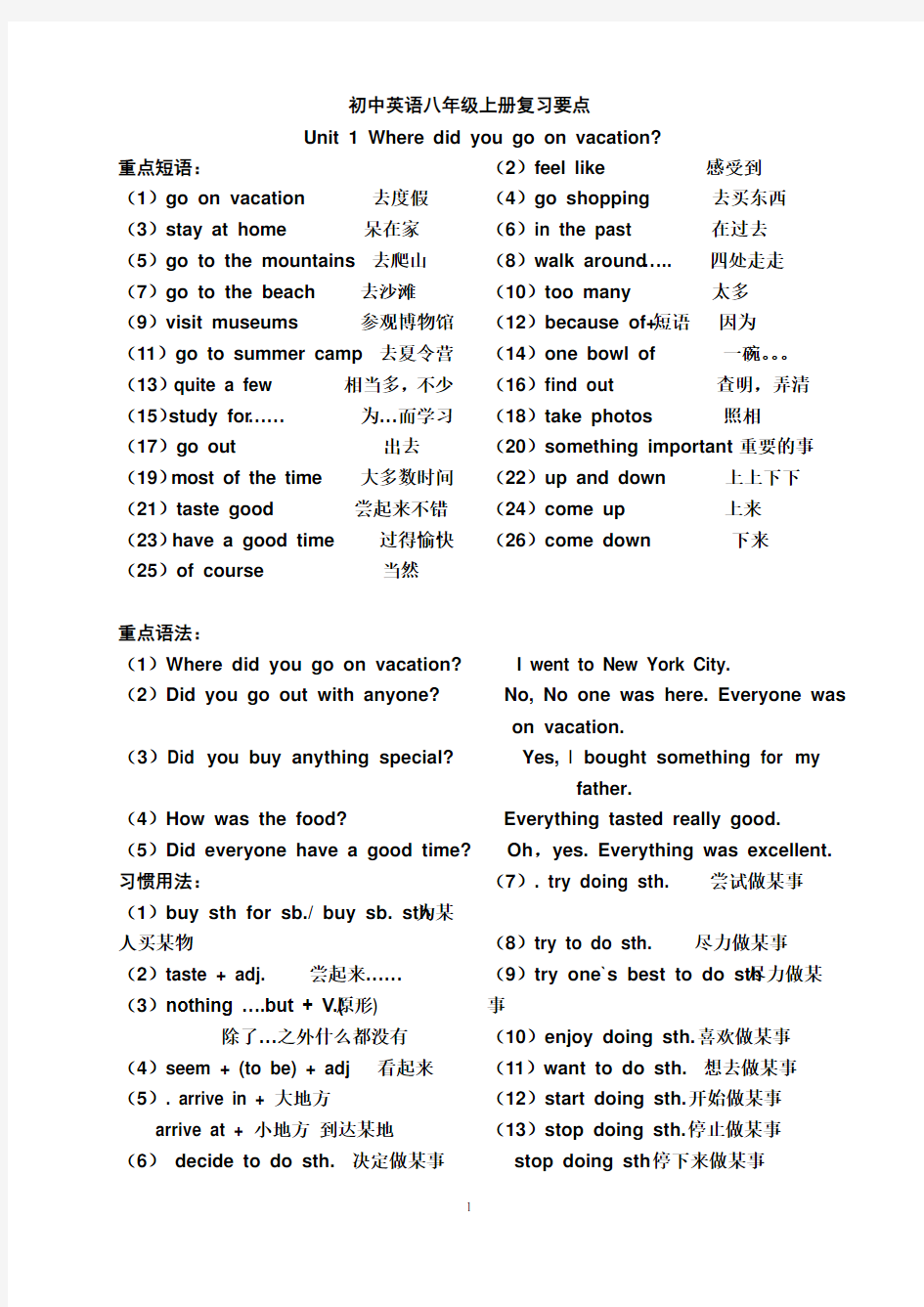 2013新人教版八年级上册英语知识要点短语句型语法讲解(精华版)