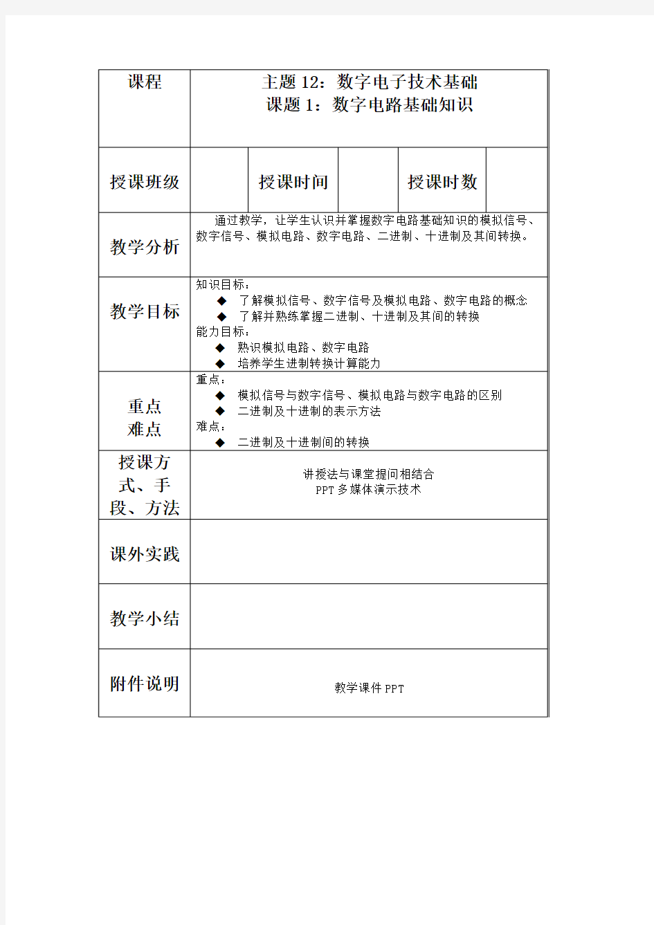 数字电路基础知识教案