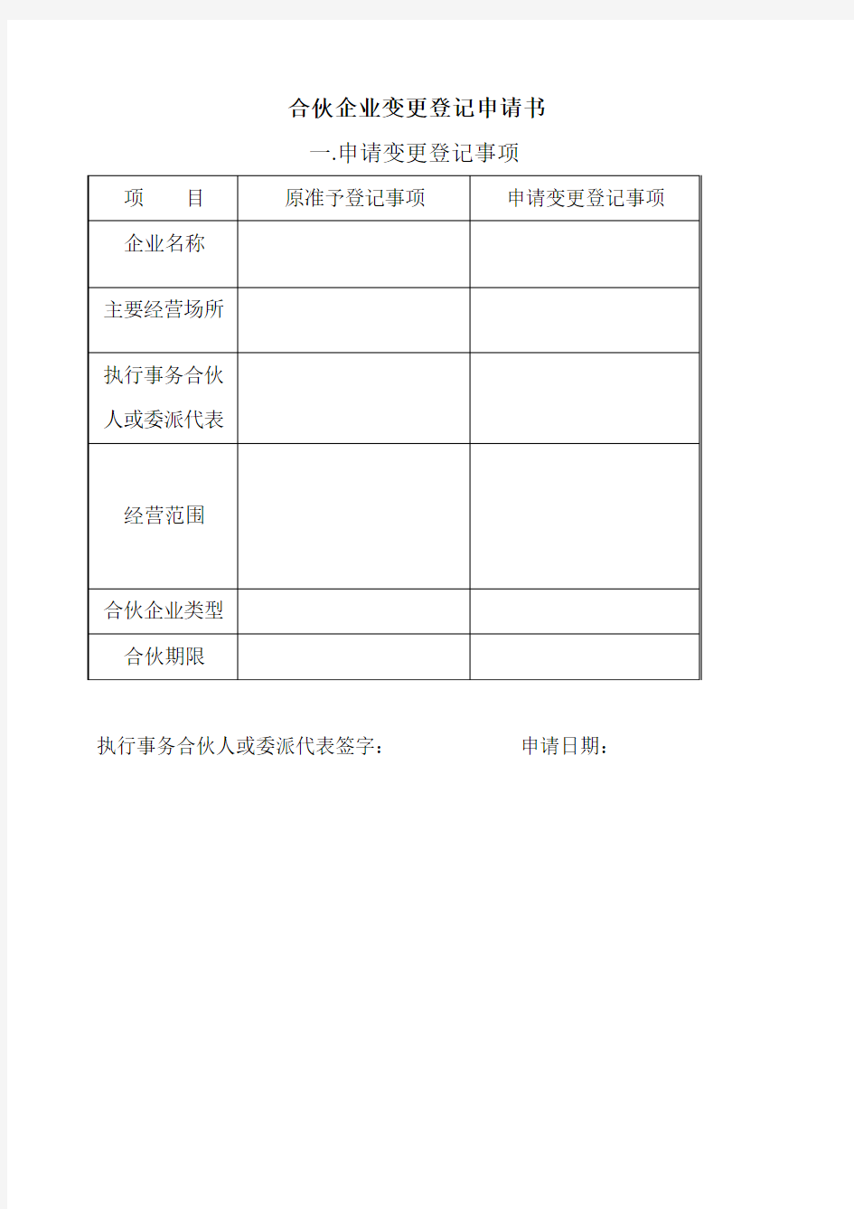 合伙企业变更登记申请书参考格式