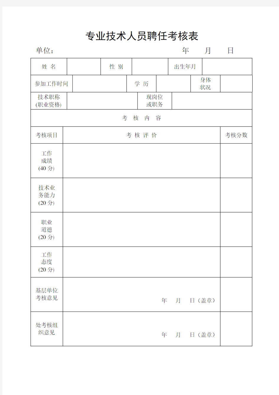 专业技术人员聘任考核表