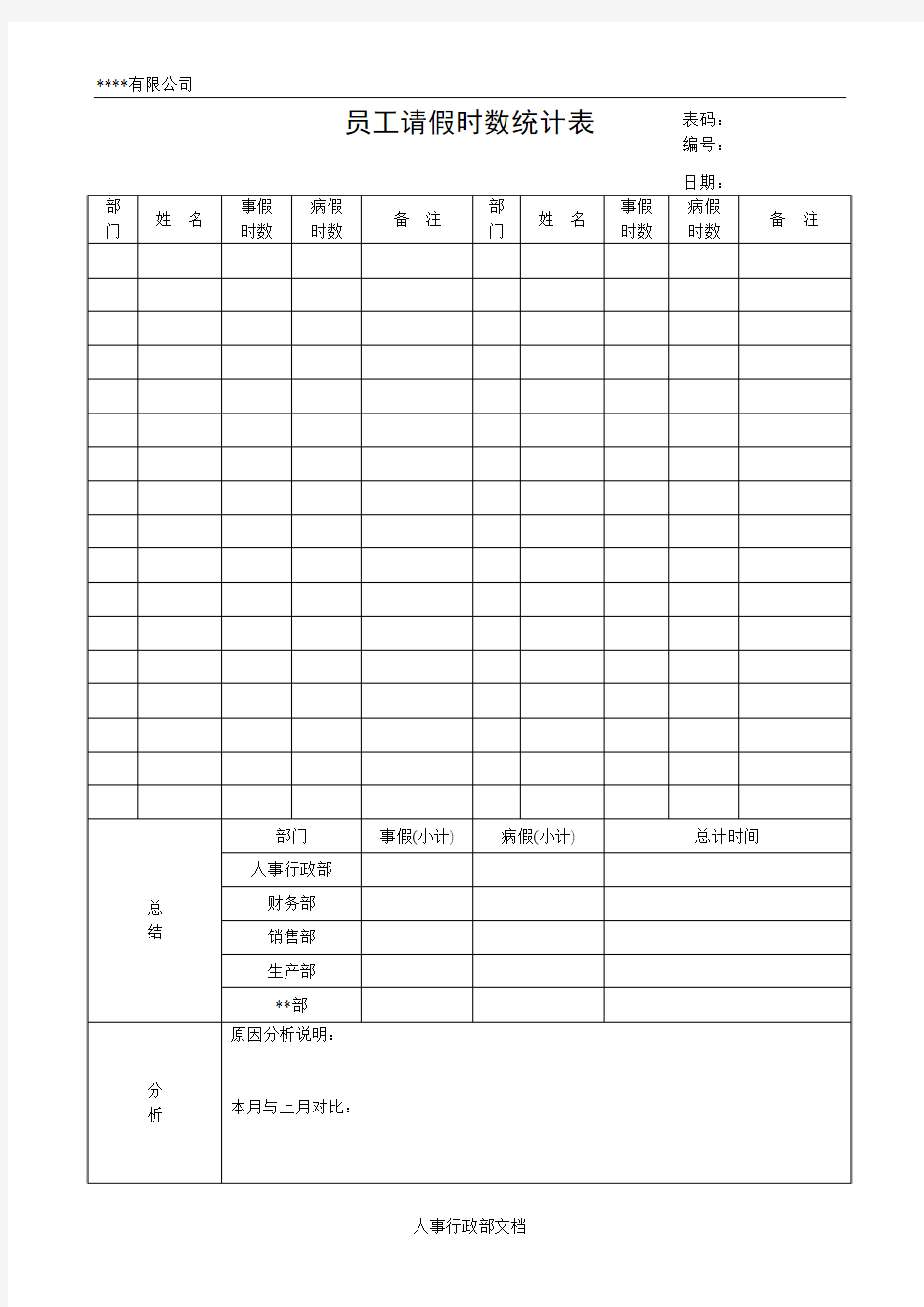 员工请假时数统计表