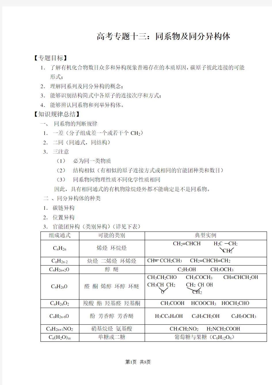 高考专题13同系物与同分异构体