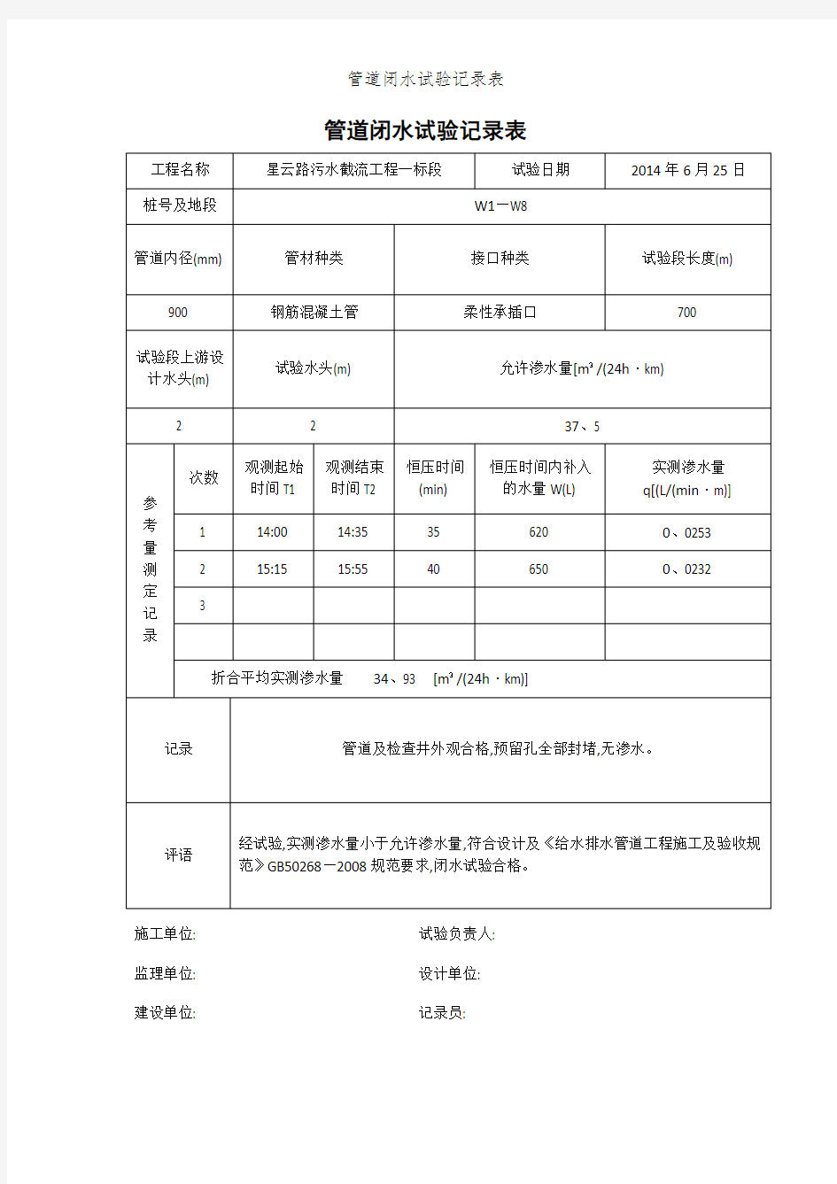 管道闭水试验记录表