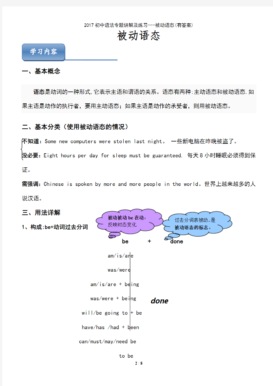 (最新整理)2017初中语法专题讲解及练习---被动语态(有答案)