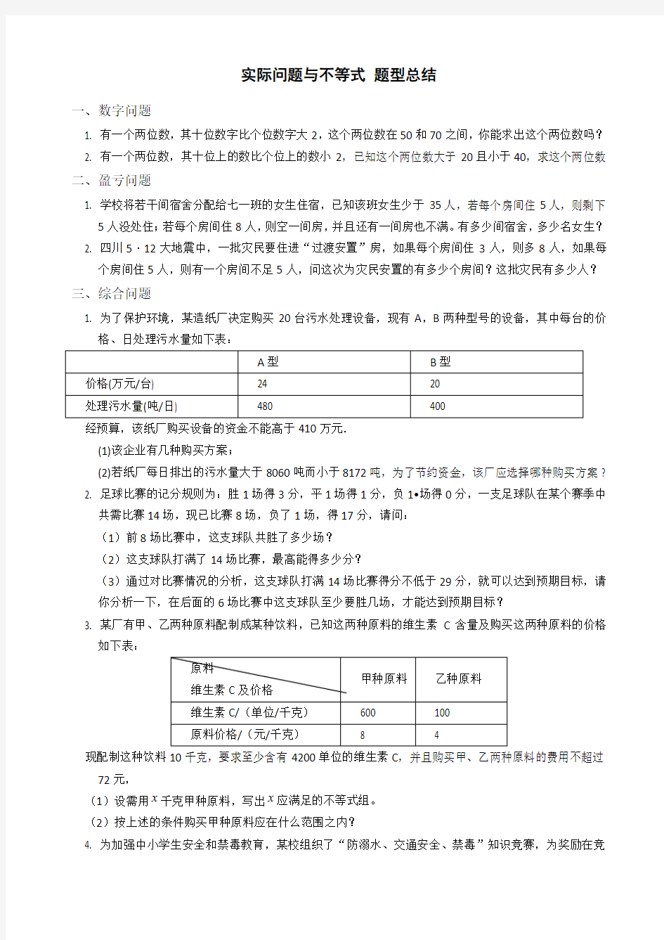 实际问题与不等式题型总结(初中数学七年级)