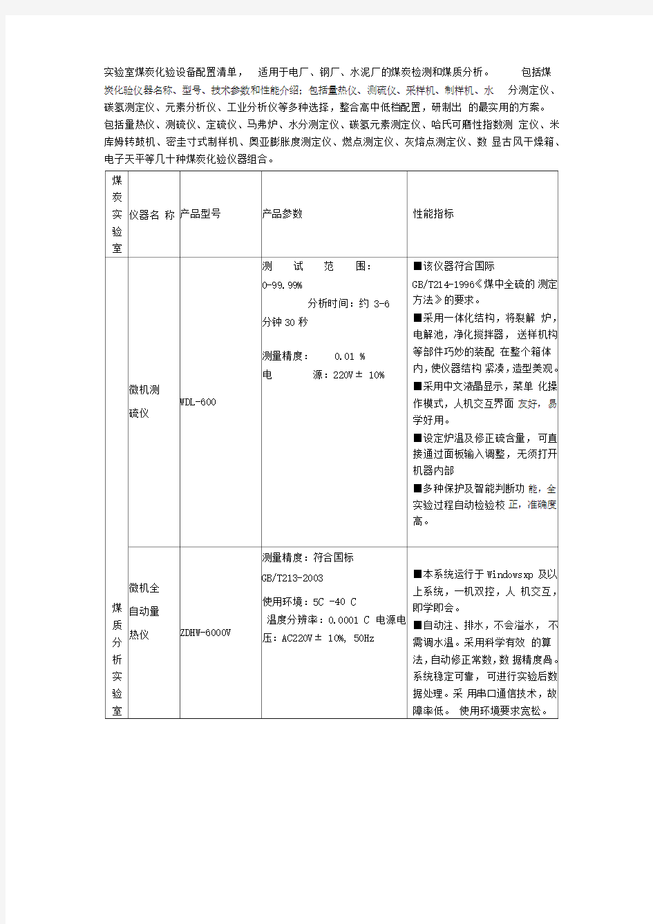 煤炭实验室所需仪器设备配置清单